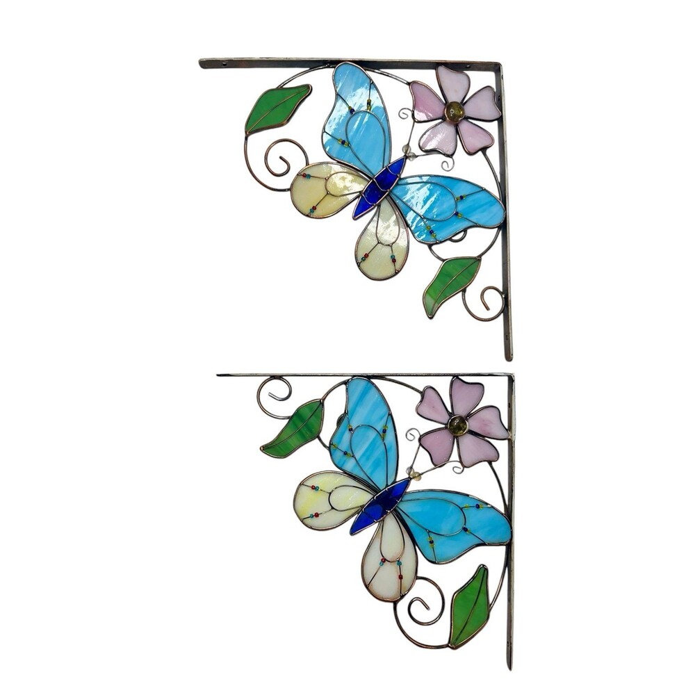 Vintage Stained Glass Butterfly 11 x 11" With 8" Wingspan; Shelf Brackets